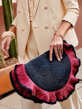Sezane Mila Raffia Clutch Scalloped Ruffle Statement Purse Navy Pink Marine Rare